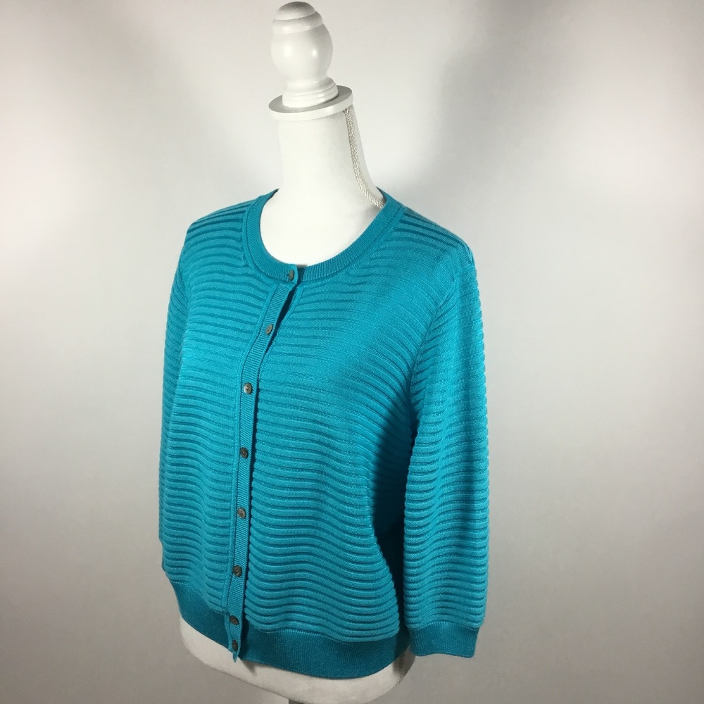 St. John Turquoise Button Up Knit Cardigan Luxury Designer Size L - Picture 3 of 7